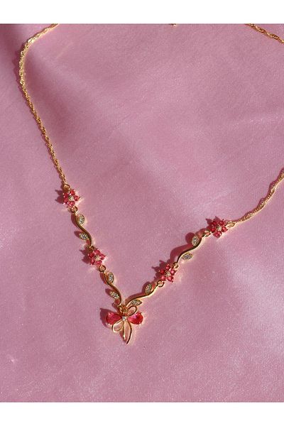 Reorah Collection Dark Pink Ribbon Garden Necklace