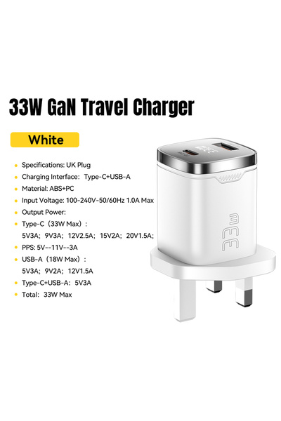 Choice شاحن إيساجر أبيض اللون، قابس بريطاني، بقوة 33 واط، بتقنية GaN، منفذ US...