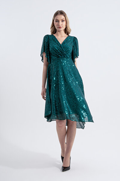 HOX'S Rochie de seară midi evazată Angel verde smarald - cu paiete, decolteu dublu și tiv asimetric