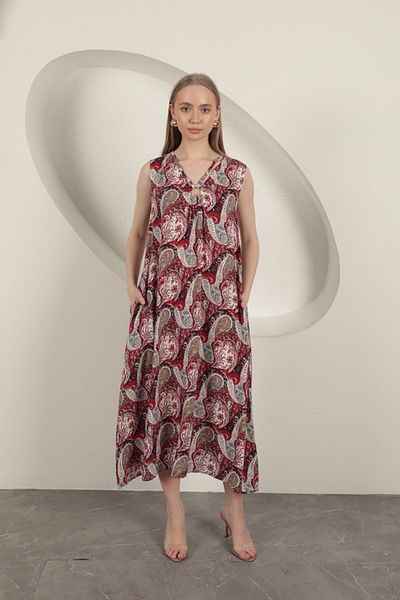 Moka Shopin Mokashopin Viscose Fabric Ethnic Patterned Dress-Red