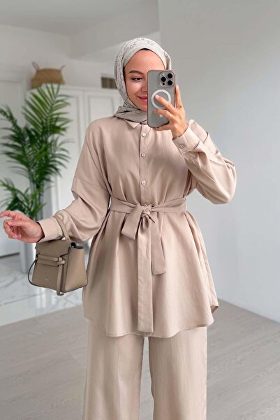 Ka Hijab Beige Belt Detail Draped Double Suit