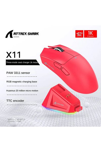 Choice ماوس X11 Red Attack Shark X11 Paw3311 أبيض بتقنية البلوتوث، اتصال ثلاثي الأوضاع، لوحة لمس مغناطيسية