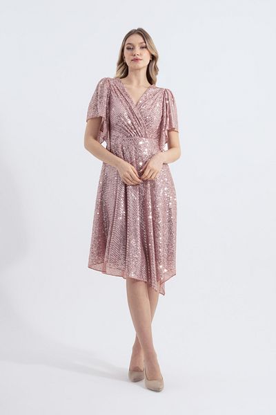 HOX'S Angel Sequined Midi Evening Dress - Double Breasted Neckline and Asymmetrical Skirt, Handkerchief Sleeves - Powder