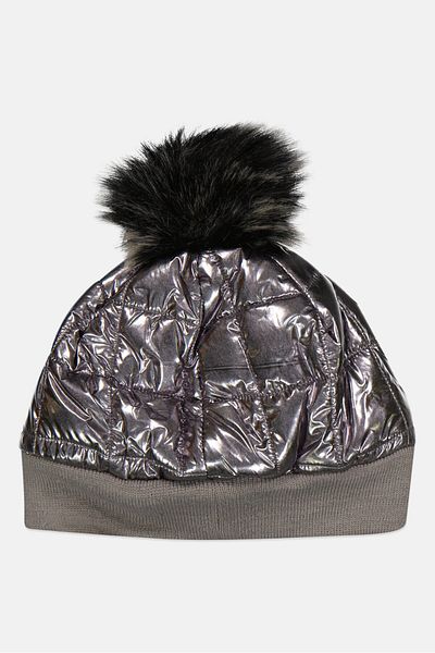 Body Glove Women Shiny Quilted Pom Pom Beanie Hat, Silver
