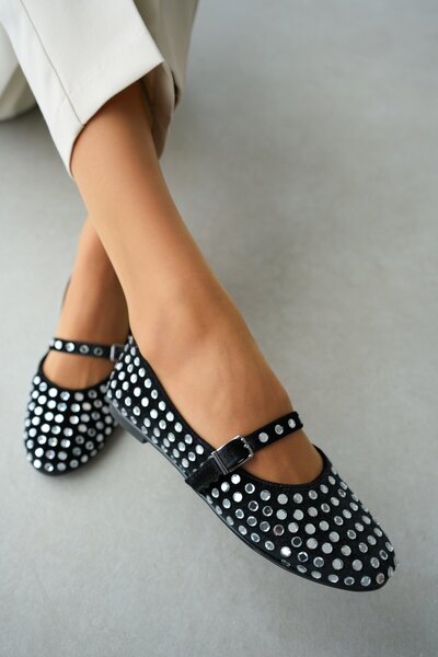 selin shoes Balerini de damă Caren cu curea la gleznă cu țesătură de catifea neagră și detaliu argintiu cu capse - ARGINTIU