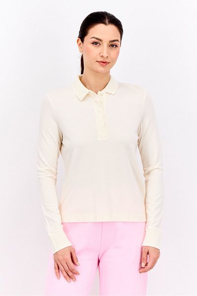 Gant Women Spread Collar Long Sleeves Solid Polo Shirt, Cream