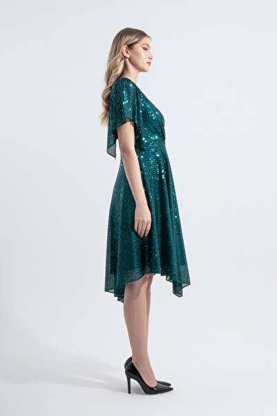HOX'S Rochie de seară midi evazată Angel verde smarald - cu paiete, decolteu dublu și tiv asimetric