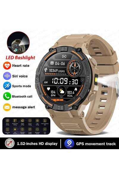 ChiBear Yellow silicone belt Smartwatch Military Men 360*360 HD Screen Flashlight Health Monitoring Waterpro
