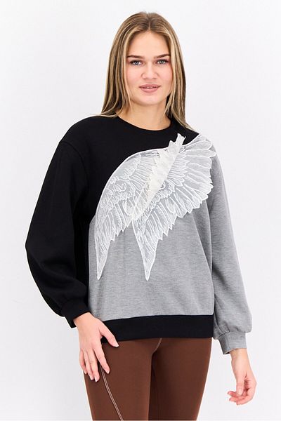 Steve Madden Women Crew Neck Applique Detail Sweatshirts, Black