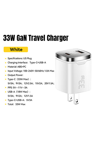 Choice شاحن ESSAGER أبيض اللون، قابس أمريكي، بقوة 33 واط، بتقنية GaN، منفذ US...