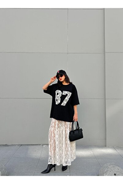 minaaise Women's Ecru Unlined Lace Skirt and Embroidered Oversize T-Shirt