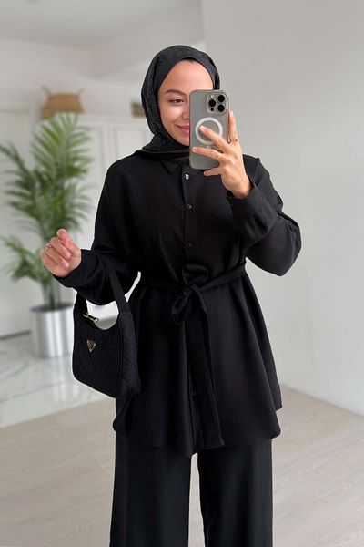 Ka Hijab Είναι μαύρο Μαύρη ζώνη Λεπτομέρεια ντραπέ διπλό κοστούμι
