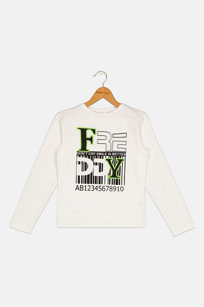 FREDDY Kids Girl Crew Neck Long Sleeve Graphic Print Shirt, Off White