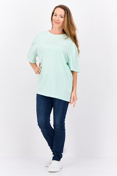 Steve Madden Women Round Neck Short Sleeve Brand Logo T-shirt, Mint Green