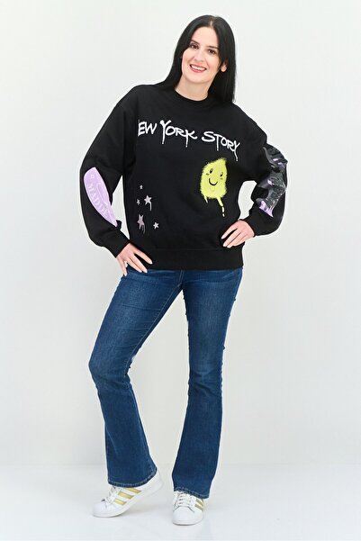 Steve Madden Women Crew Neck Graphic Sweatshirt, Black