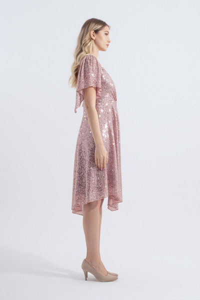 HOX'S Angel | Payetli Midi Kloş Abiye Elbise Kruvaze Yaka Mendil Kol Asimetrik Etek - Pudra