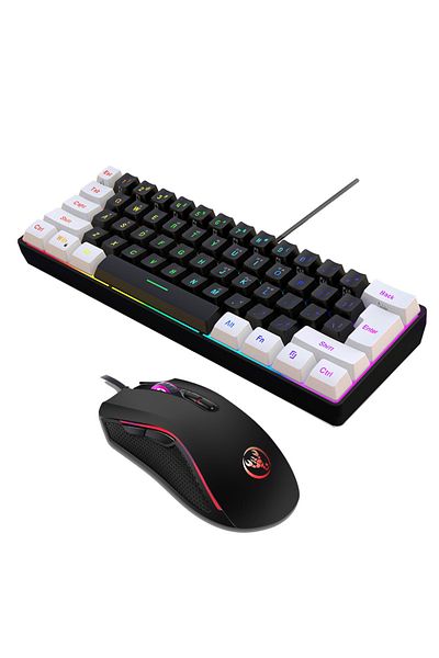 Choice طقم لوحة مفاتيح وماوس USB HXSJ V700BW A869 أسود اللون مزود بـ 61 مفتاحًا ولوحة مفاتيح كمبيوتر سلكية بإضاءة خلفية RGB ملونة