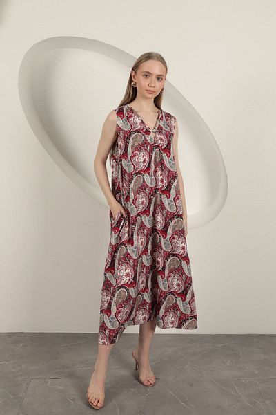 Moka Shopin Mokashopin Viscose Fabric Ethnic Patterned Dress-Red