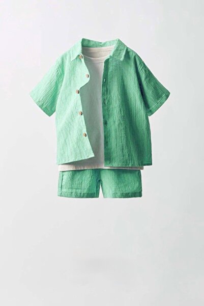 Daisy Dolly Erkek Çocuk Müslin Kumaş 3Lü Gömlek Tişört Şort Takım