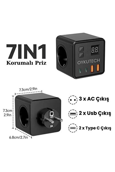 OYKUTECH Akım Korumalı Priz 7ın1 Black