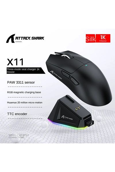 Choice ماوس X11 Black Attack Shark X11 PAW3311 أسود بتقنية البلوتوث، اتصال ثلاثي الأوضاع، لوحة لمس مغناطيسية