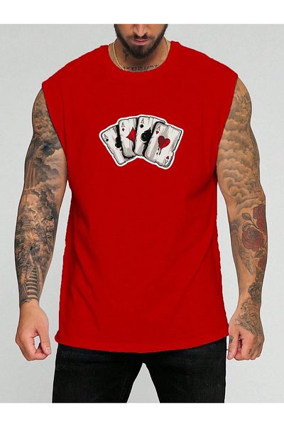 BENROMA In Cart 6 and Above Purchases Get 1 T-Shirt Gift - Playing Cards Printed Sleeveless T-Shirt