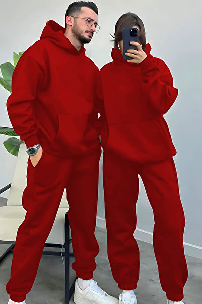 YAKAMEL Kadın Erkek Trend Model Çiftlere Özel 3 Iplik Oversize Kışlık Kalın Eşofman Takımı (TEKLİ)