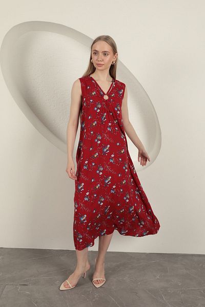 Moka Shopin Viscose Fabric Floral Patterned Dress-Red