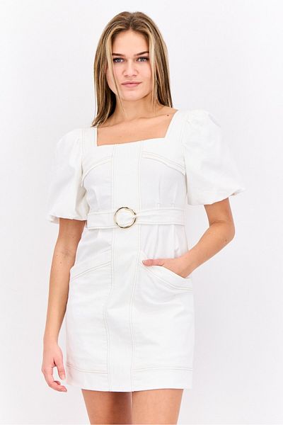 Steve Madden Women Solid Belted Mini Dress, White