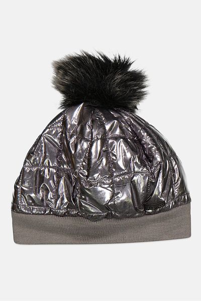 Body Glove Women Shiny Quilted Pom Pom Beanie Hat, Silver