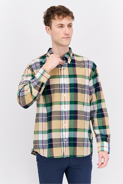 Gant Men Relaxed Fit Plaid Long Sleeves Casual Shirt, Beige Combo