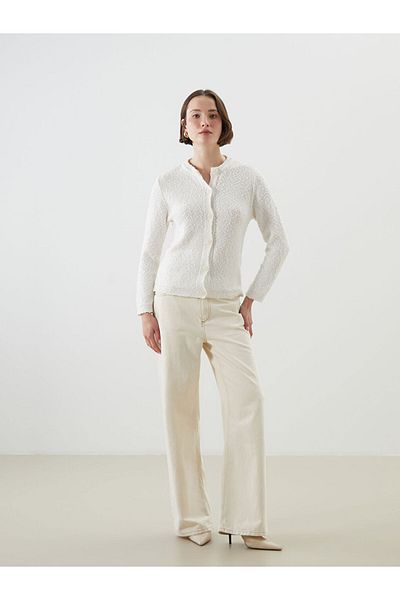 LC Waikiki Lcwaikiki Classic Ecru Crew Neck Textured Women's Knitwear Cardigan
