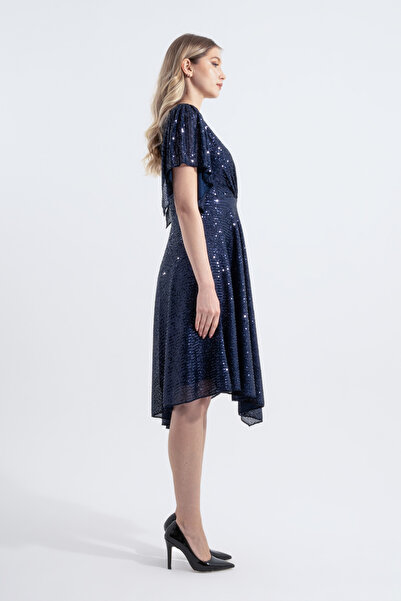 HOX'S Rochie de seară midi cu paiete înger - decolteu dublu și tiv asimetric, mânecă batista - bleumarin