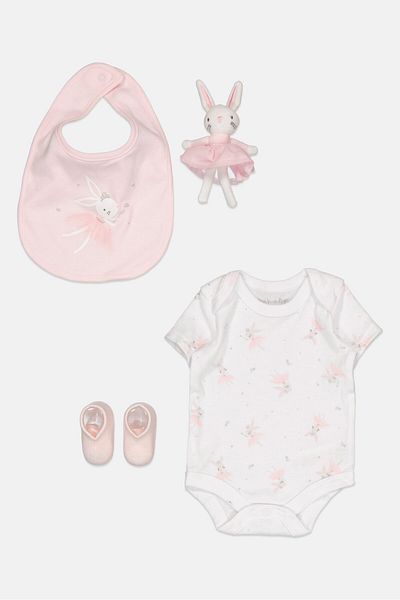 Rock A Bye Baby Boutique Toddlers Girl 4 Piece Bodysuit With Accessories And Toy Gift Set, White