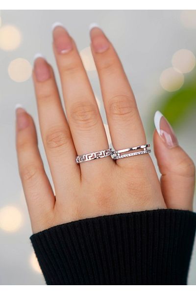 The Collection Set of 2 Zircon Stone Waterway Double and Maze Model Silver Adjustable Women's Ring Set (2 Rings)