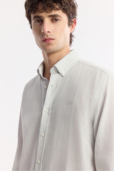 Avva Men's Light Gray Button Collar Cotton Textured Regular Fit Shirt A51Y2130