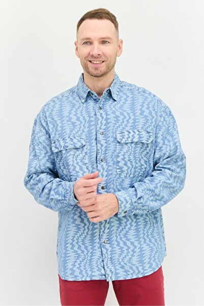 Asos Design قميص جينز رجالي بقصّة كبيرة الحجم وأكمام بنمط أزتيك، أزرق