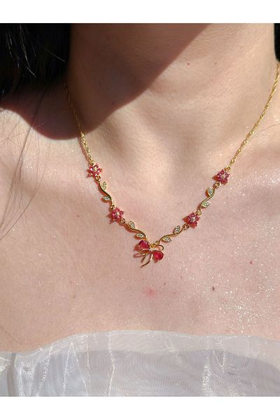 Reorah Collection Dark Pink Ribbon Garden Necklace
