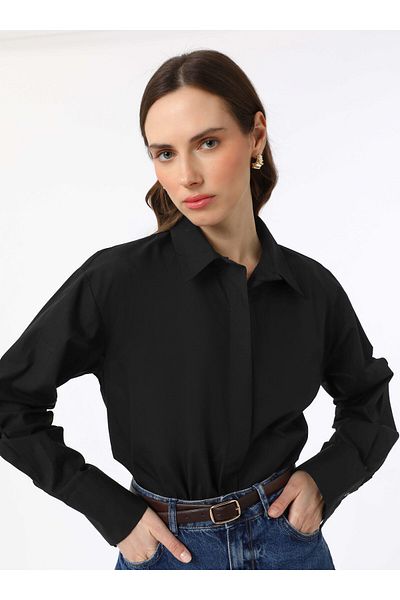 Benin Πλεκτά Basic Poplin με φαρδιές μανσέτες - Μαύρο - Benin