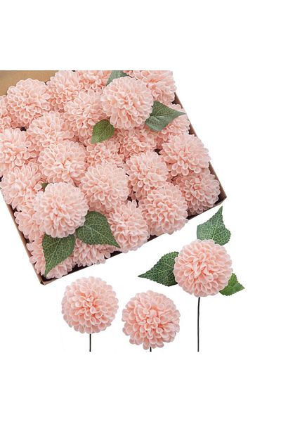 Choice Pink Dahlia Artificial Flowers 25 pcs White Flowers, Fake Flowers w/Stem for DIY Wedding Decor Cente