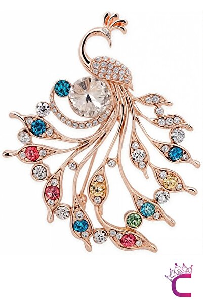 Cinderella Gümüş Zirkon Taşlı Tasarım Tavus Kuşu Kadın Broş Gold - Özel Hediy...