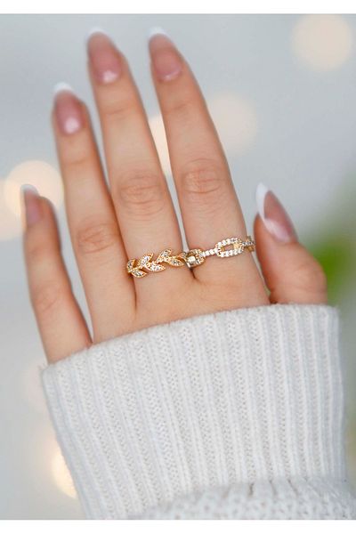 The Collection Set of 2 Zircon Stone Chain and Leaf Model Gold Adjustable Women's Ring Set (2 Rings)