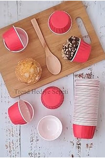 Mu Art Ahşap Trend Gift Basket 50 Pieces Red Muffin Cake Mold, Cake Capsule Cupcake Mold, Airfryer Compatible