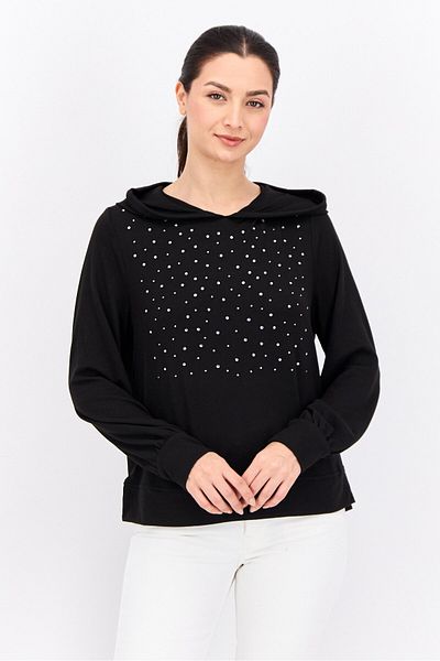 Love Scarlett Women Hooded Long Sleeve Rhinestone Sweatshirt, Black