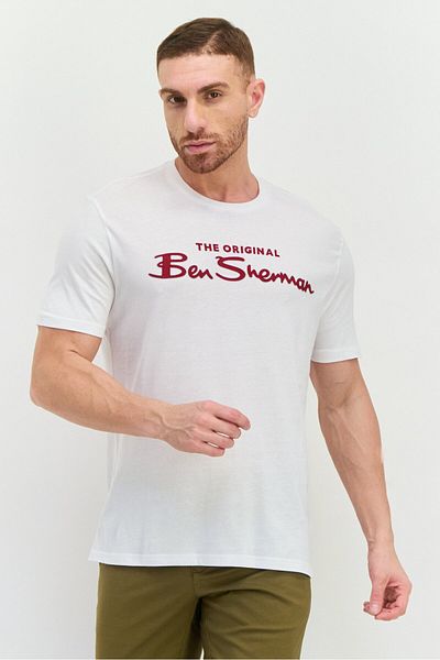 Ben Sherman Men Crew Neck Short Sleeves Brand Logo T-shirt, White