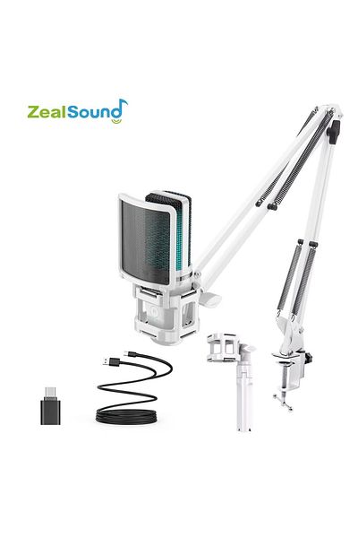 Choice White Zealsound RGB USB Gaming Microphone With Articulated Arm,White Computer Condenser Mic For PC M