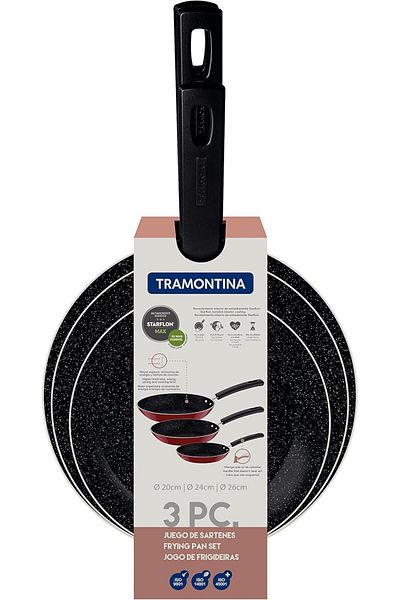 TRAMONTINA Since 1911, Made In Brazil - 3 Pieces Red Aluminum Frying Pan Set - 20cm 24cm 28cm