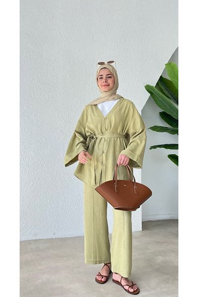 My Blog Khaki 100% Cotton Belted Shirt Trousers Suit - 034