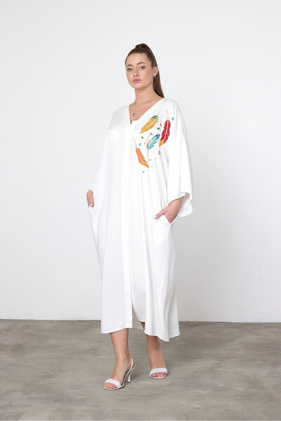 Denismoda Vpv042 V-Neck Leaf Embroidery Dty.Pocket Authentic Shirt Dress White