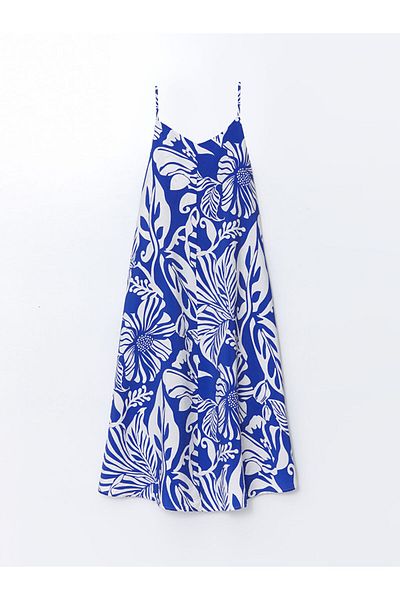 LC Waikiki LCWAIKIKI Rochie de damă în linie A cu bretele florale, albastru clasic, cu decolteu în V